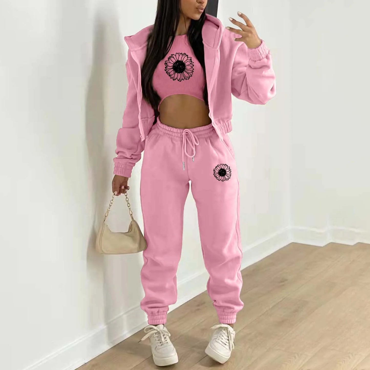 Women's Hooded Sweatshirt+Tank Top+Pants Set