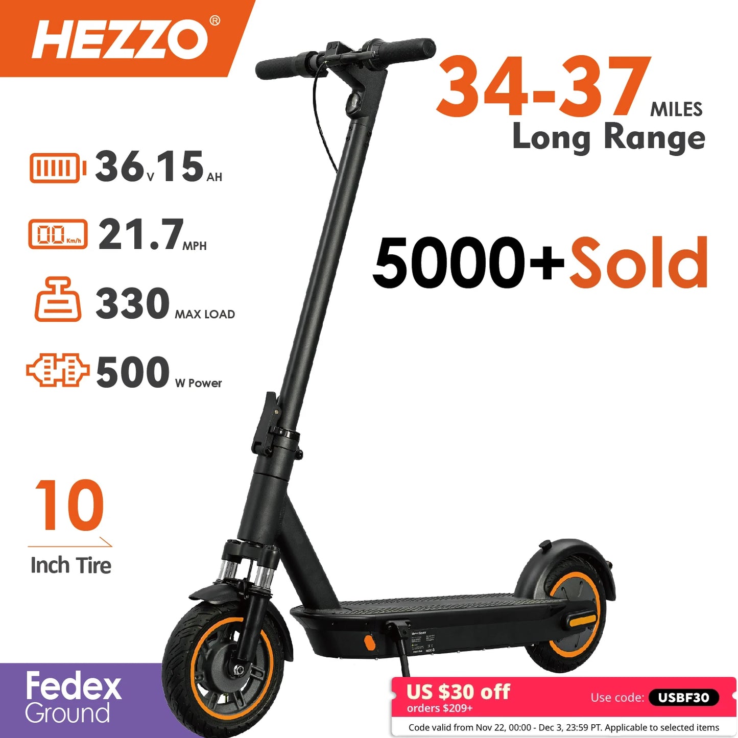 G30 36v 500w Electric Scooter Moped 21MPH 37.5 Miles 10 Inch 15Ah