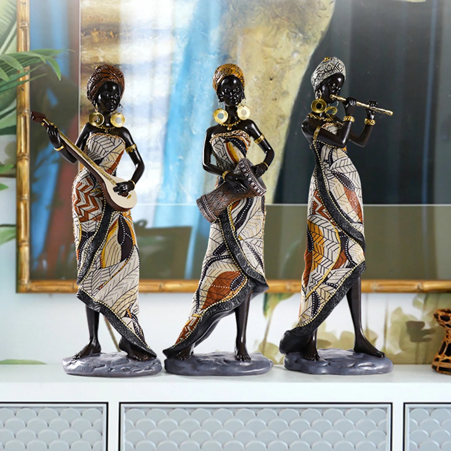 Resin African Female Figurine Musical Instrument Statue Ornaments