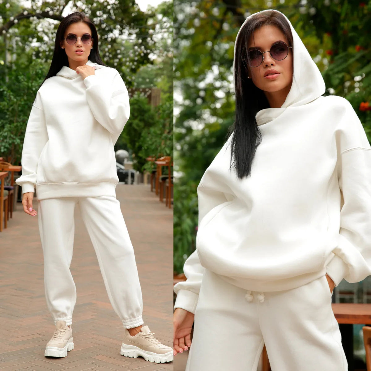 Women Fleece Two Piece Elegant Solid Color Sports Suit