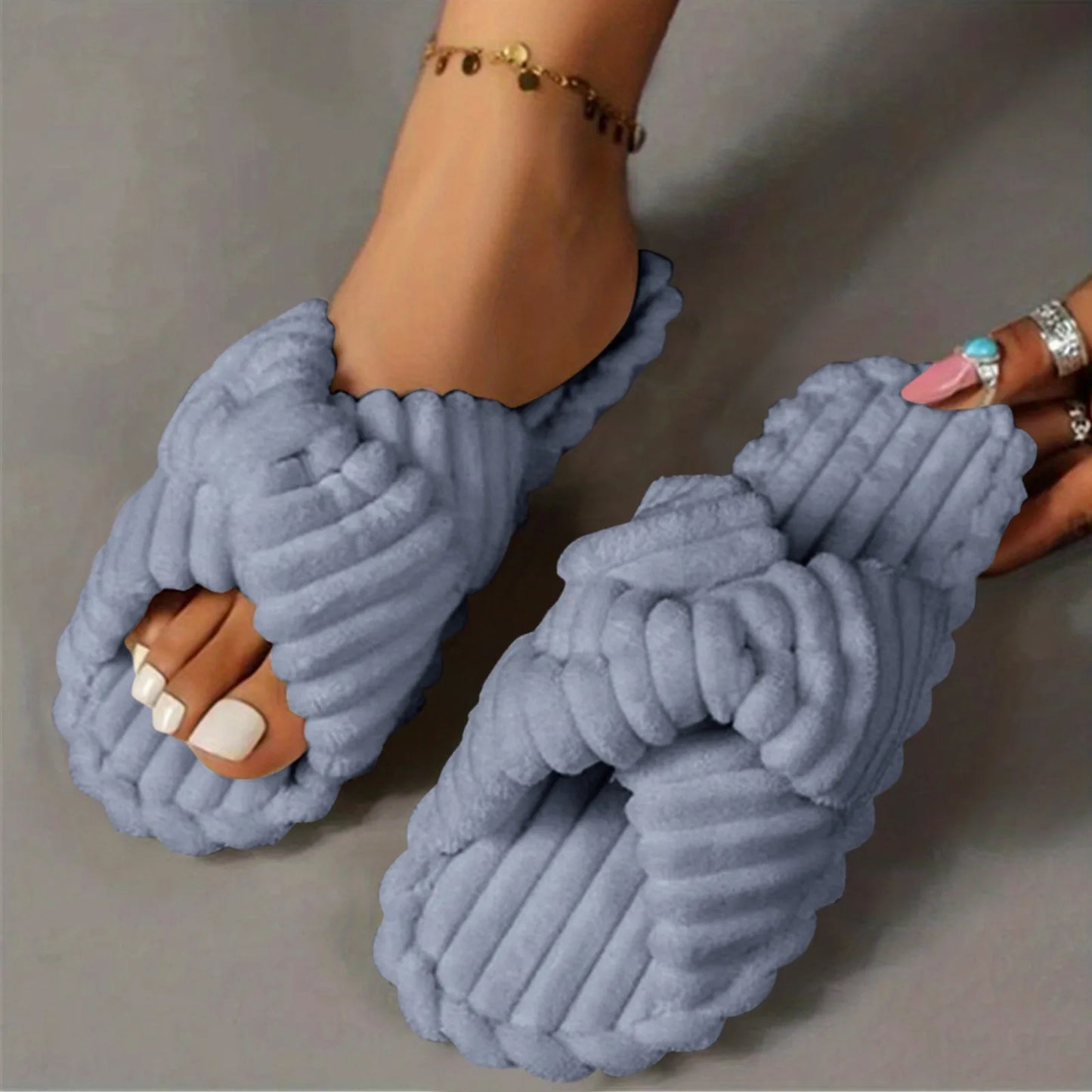 Autumn Cross Band Plush Slippers For Women